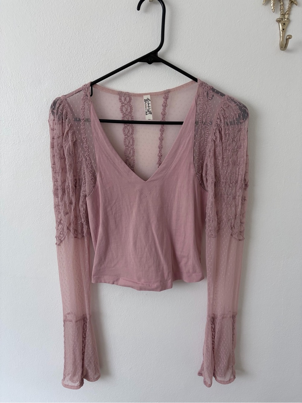 NWOT Free People Dusty Rose Lace & Mesh Long Sleeve Top